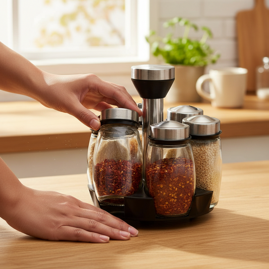 Support de Rangement Rotatif pour Épices — 6 Pots en Verre